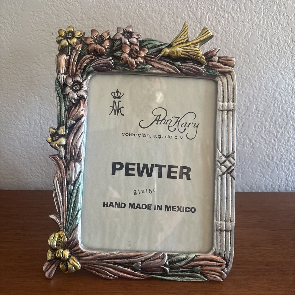 Ann Kary Mexico Pewter Picture Frame Art Nouveau Bird, Foliage, Colorful! 12.5"